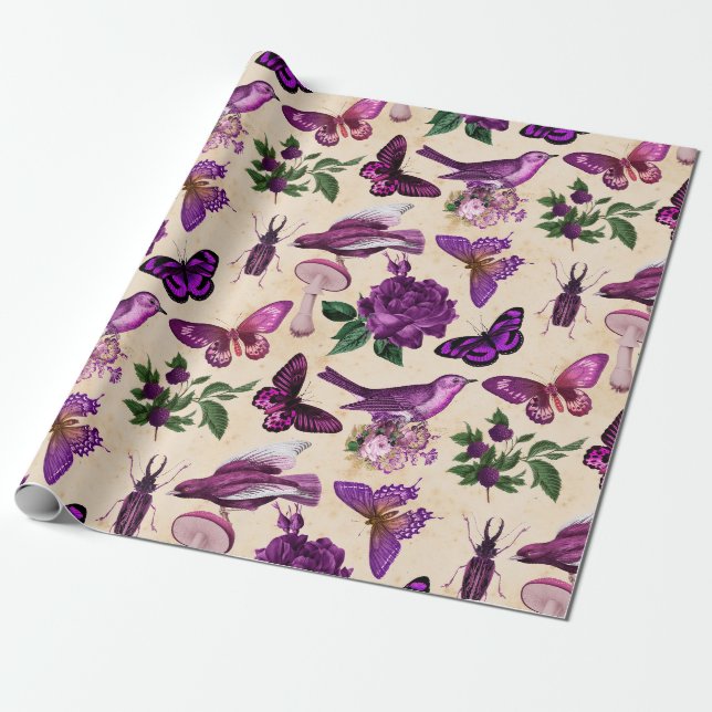 Papier Cadeau Oiseaux pourpres Papillons et champignons (Déroulé)