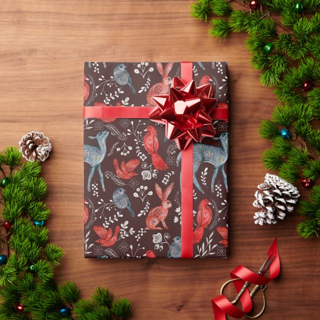 Papier Cadeau Oiseaux rouges, cerfs, lapins à Noël nordique Brow (Cadeau de vacances)