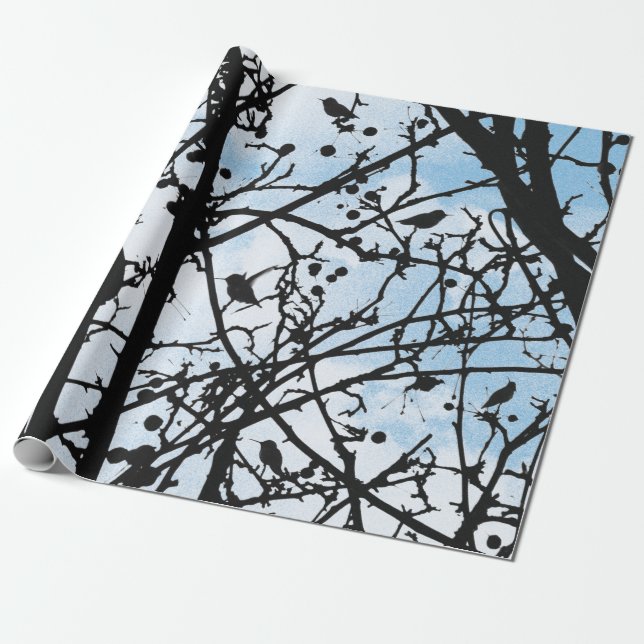 Papier Cadeau Oiseaux sur Branches et Blue Sky Silhouette Modern (Déroulé)