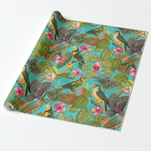 Papier Cadeau Oiseaux tropicaux et fleurs dans la Jungle motif -