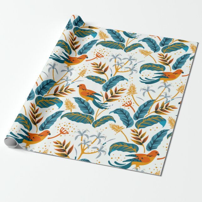 Papier Cadeau Oiseaux tropicaux exotiques et motifs feuille (Déroulé)