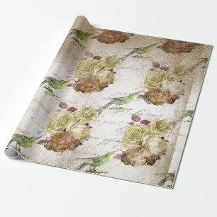 Papier Cadeau Oiseaux verts Vintages et Roses