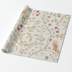 Papier Cadeau oiseaux vintages dans le feuillage avec fleurs pat
