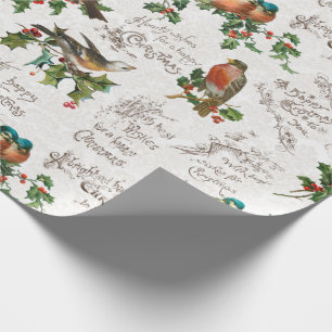 Papier Cadeau Oiseaux vintages, salutations de Noël et Holly