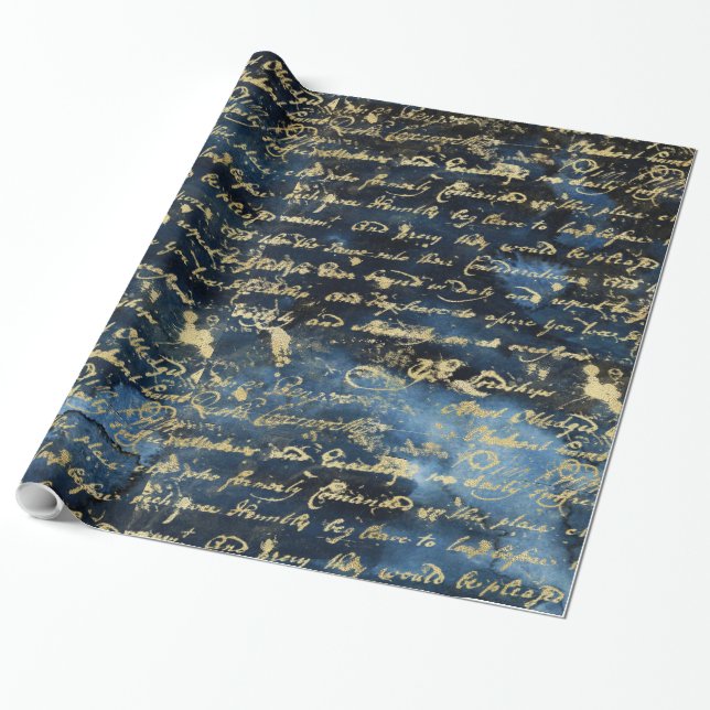 Papier Cadeau Old Gold Script Navy Blue (Déroulé)