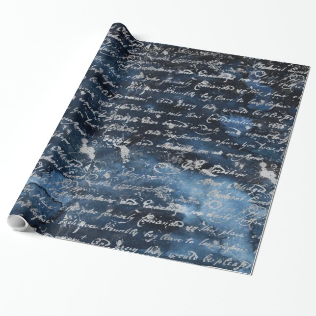 Papier Cadeau Old Silver Script Navy Bleu (Déroulé)