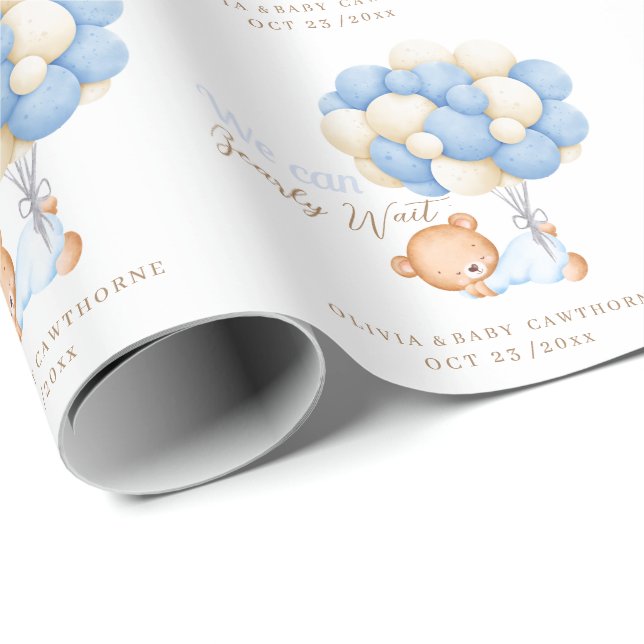 Papier Cadeau On peut attendre Teddy Balloon Baby Boy Douche (Coin rond)