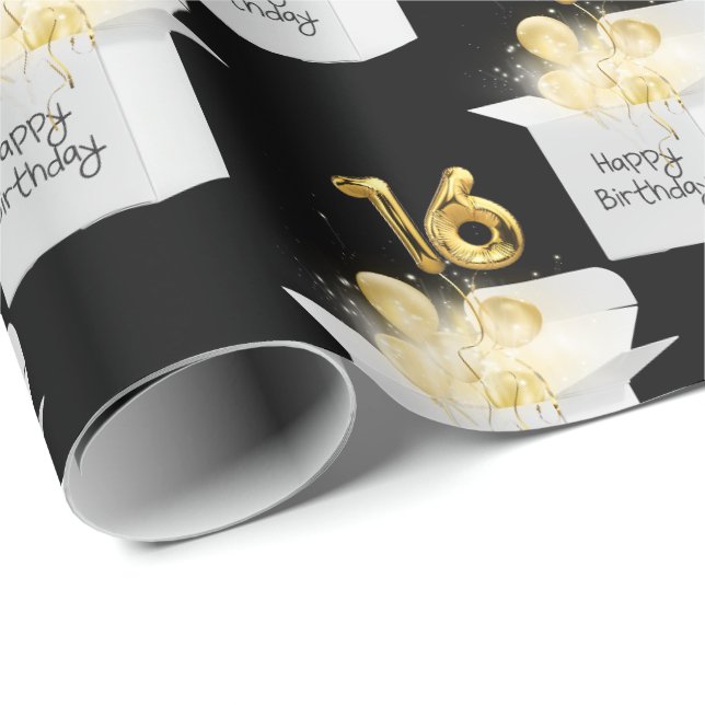 Papier Cadeau Or 16e ballons d'anniversaire en boîte blanche (Coin rond)