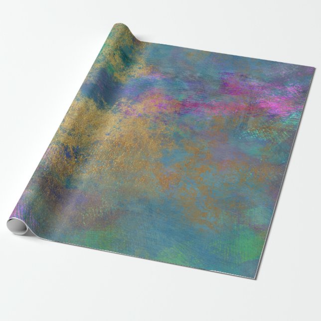Papier Cadeau Or Abstrait et rose sur bleu (Déroulé)