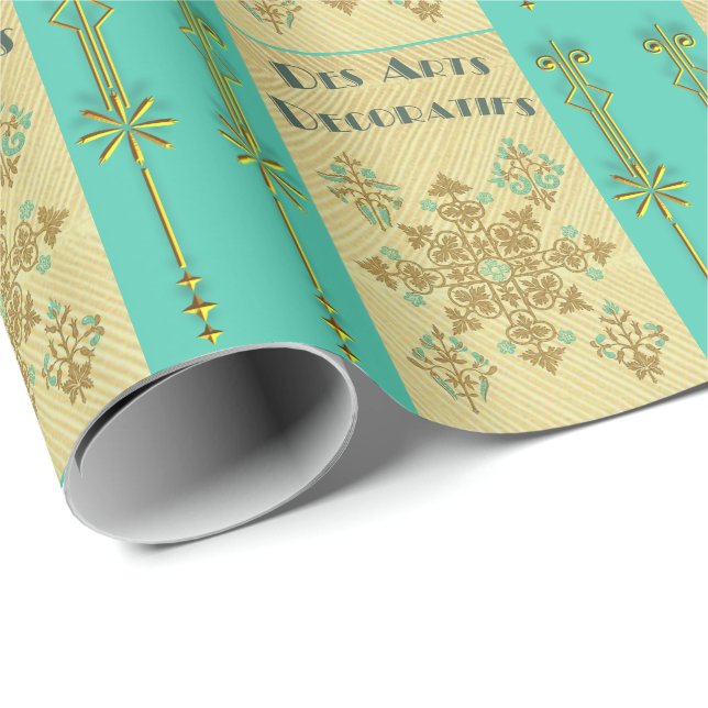 Papier Cadeau Or Art déco et français turquoise (Coin rond)
