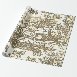 Papier Cadeau Or Beige Vintage Chasse Chevaux et Chiens
