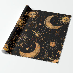 Papier Cadeau Or Celeste Vintage Soleil et Lune Noir