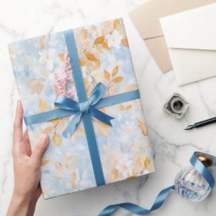 Papier Cadeau Or d'automne Feuilles jaunes Fleurs blanches Ciel 