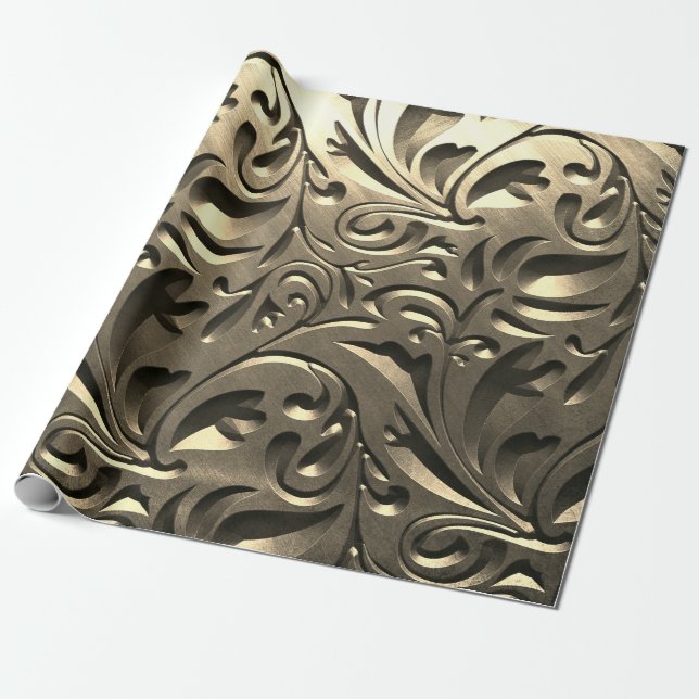Papier Cadeau Or élégant métal gravé look floral abstrait (Déroulé)
