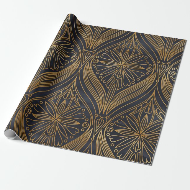 Papier Cadeau Or élégant sur motif damassé noir (Déroulé)