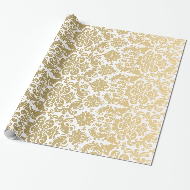 Papier Cadeau Or et motif élégant blanc de damassé (Déroulé)