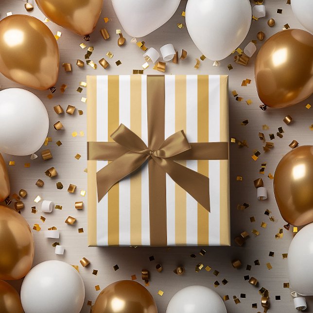 Papier Cadeau Or et rayures blanches Bonne année (Gold and white stripes Happy New Year Wrapping Paper)