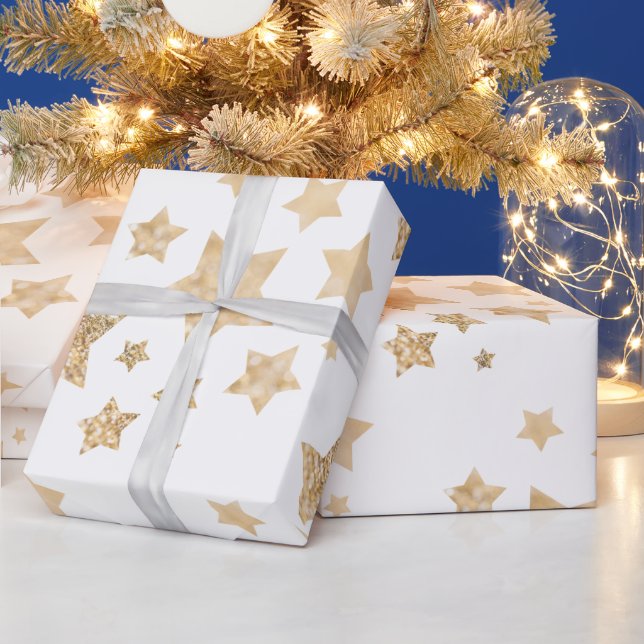 Papier Cadeau Or étincelant étoiles Joyeux Noël blanc (Vacances)