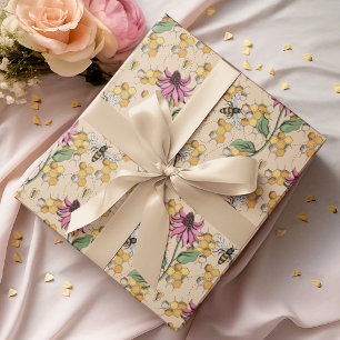 Papier Cadeau Or Romantique Reine Abeille, Nectar et Fleurs