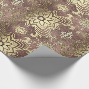 Papier Cadeau Or rose chic et fleurs damas dorées