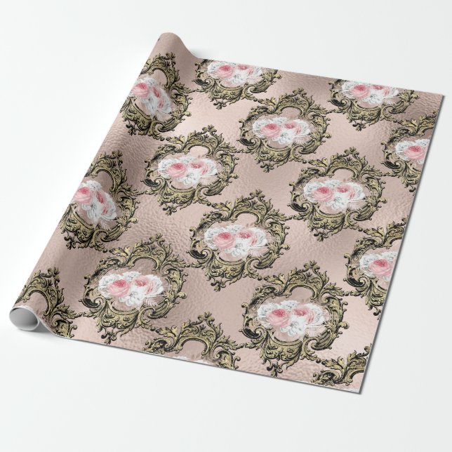 Papier Cadeau Or rose et rose antique motif Rose française antiq (Déroulé)