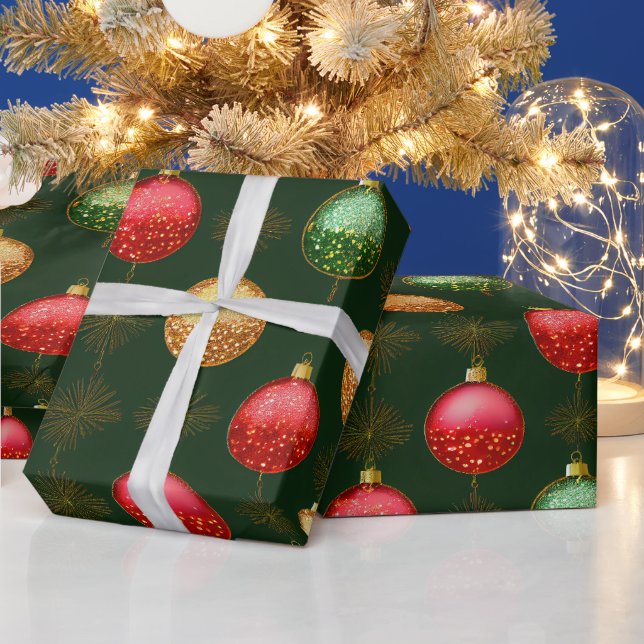 Papier Cadeau Or rouge traditionnel et ornements verts (Vacances)
