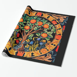 PAPIER CADEAU ORANGE ARBRE AVEC FEUILLES VERTS, FLEURS