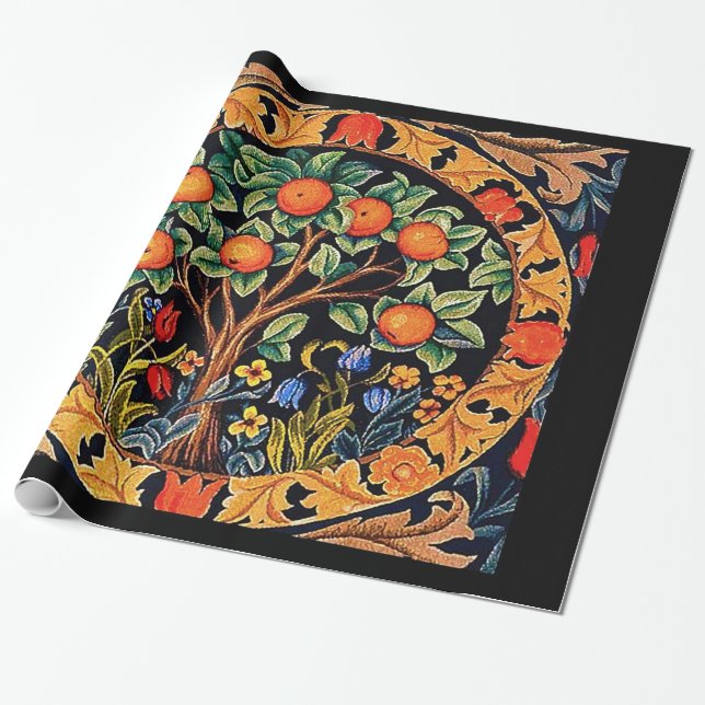 PAPIER CADEAU ORANGE ARBRE AVEC FEUILLES VERTS, FLEURS (Déroulé)