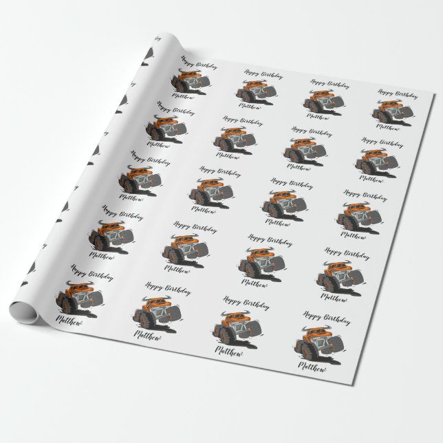Papier Cadeau Orange Black Boys' Monster Nom du camion Anniversa (Déroulé)