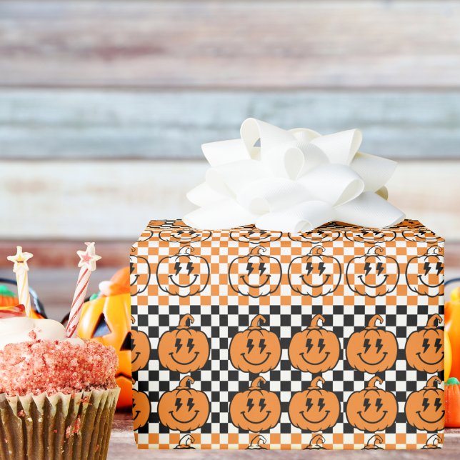 Papier Cadeau Orange Black Retro Rad Pumpkin Checkered Halloween (Créateur téléchargé)