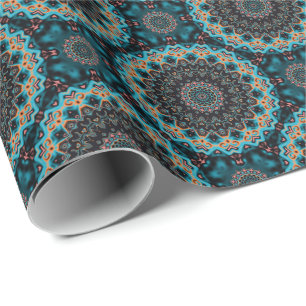 Papier Cadeau Orange bleu Turquoise noir Mandala Boho Motif