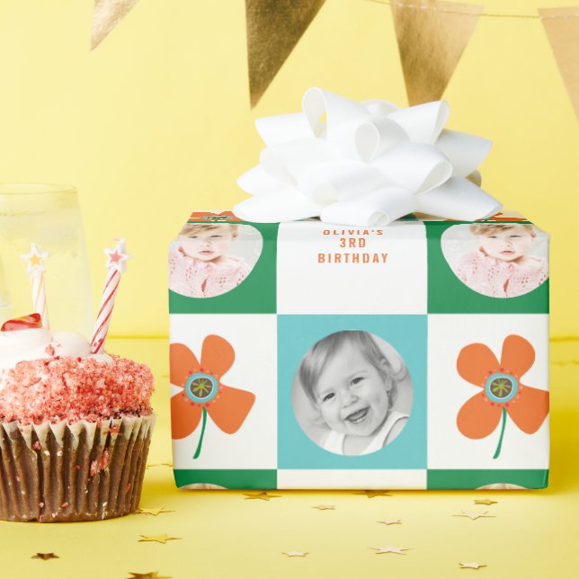Papier Cadeau Orange Daisy Pop Flower Chic Anniversaire Photo Ca (Fête d'anniversaire)