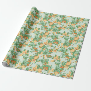 PAPIER CADEAU ORANGE & FEUILLES D'AUTOMNE VERTES