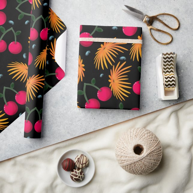 Papier Cadeau Orange Floral Cherry Pattern (Artisanat)