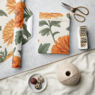 Papier Cadeau Orange Gold Automne Marigolds Foliage Motif