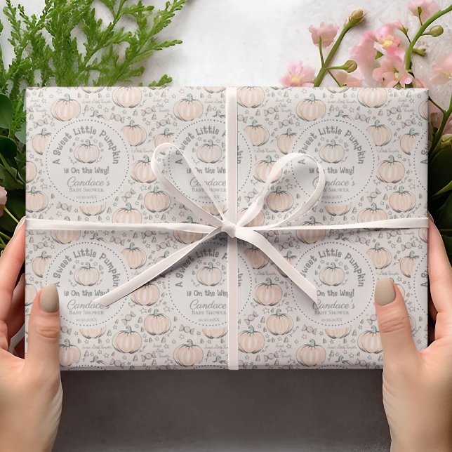 Papier Cadeau Orange Neutre et Crème Petit Baby shower Citrouill (Gender Neutral Orange & Cream Sweet Little Pumpkin Halloween & Fall Baby Shower Wrapping Paper.  )