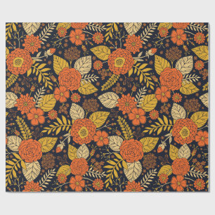 Papier Cadeau Orange rétro, Jaune & Marine Floral 