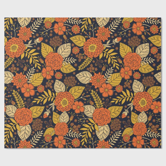 Papier Cadeau Orange rétro, Jaune & Marine Floral  (Plat)