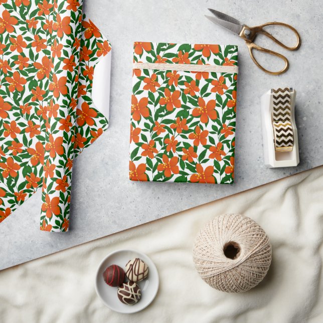 Papier Cadeau Orange Rouge Floral Vert Botanique Motif (Artisanat)