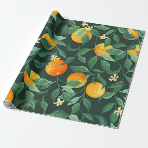 Papier Cadeau Orangers, branches fleuries sur un arrière-jardin 