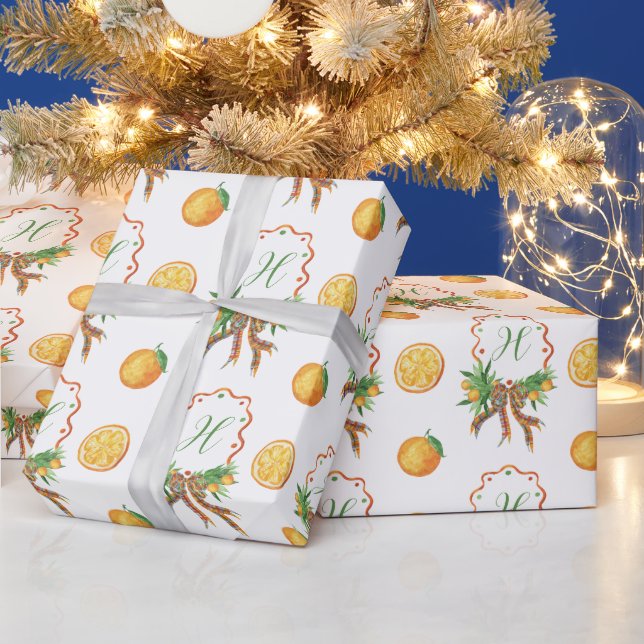 Papier Cadeau Oranges d'aquarelle Plaid Bow Monogramme de Noël (Vacances)