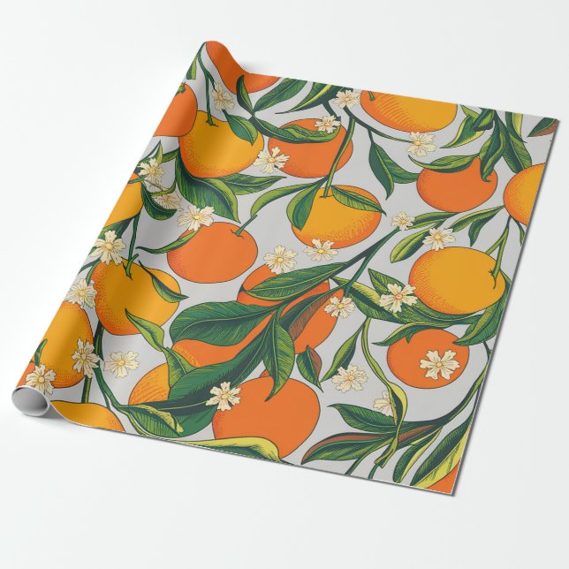Papier Cadeau Oranges d'été Agrumes Fruit Motif floral (Déroulé)