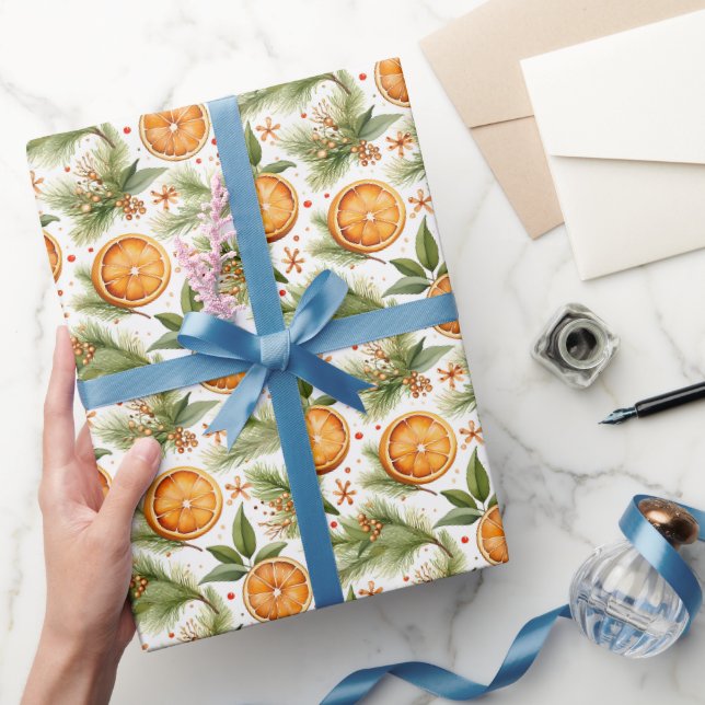 Papier Cadeau Oranges élégantes et branches d'arbres de Noël (Cadeaux)