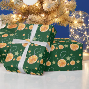 Papier Cadeau Oranges mignonnes et étoiles sur vert