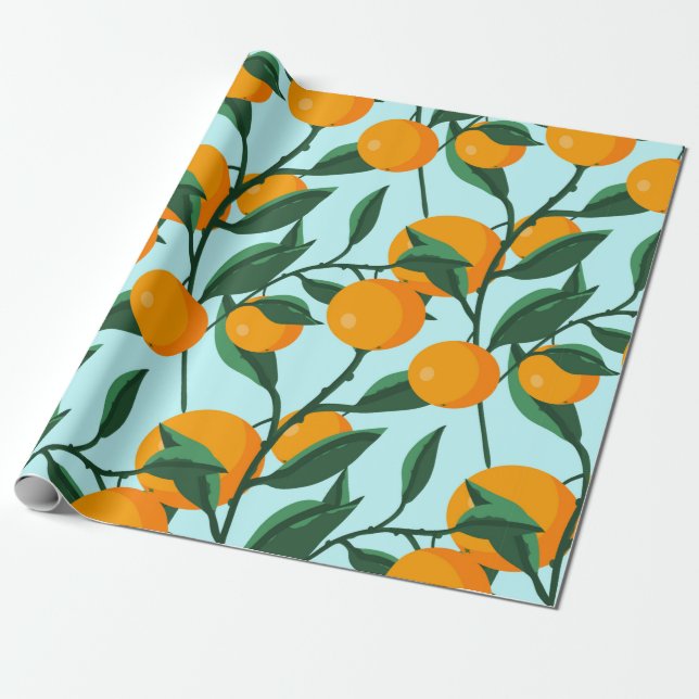 Papier Cadeau oranges sur branches de feuilles sans soudure moti (Déroulé)