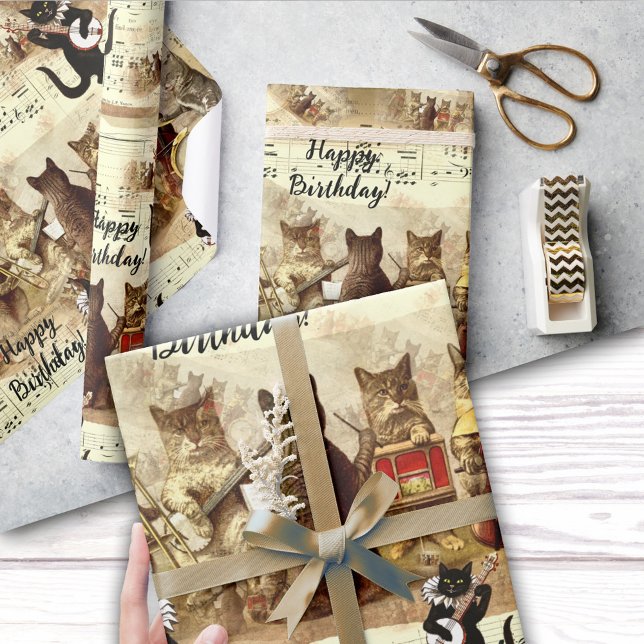 Papier Cadeau Orchestre de chats heureux d'anniversaire (Cute vintage pattern wrapping paper featuring a cat orchestra singing a happy birthday song)