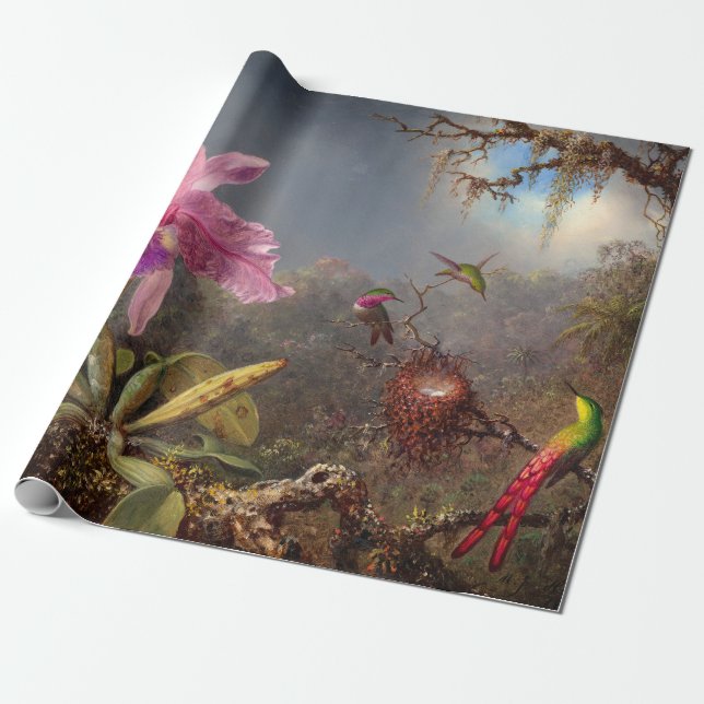 Papier Cadeau Orchidée de Cattleya et trois colibris par Heade (Déroulé)