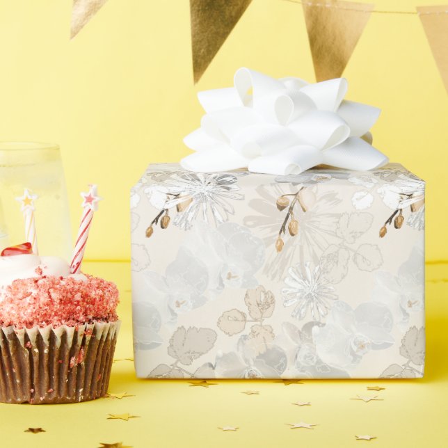 Papier Cadeau Orchidées blanches sur une crème légère  (Fête d'anniversaire)