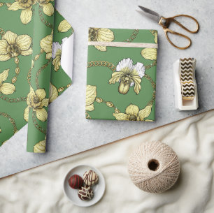 Papier Cadeau Orchidées et chaînes, jaune et vert kelly