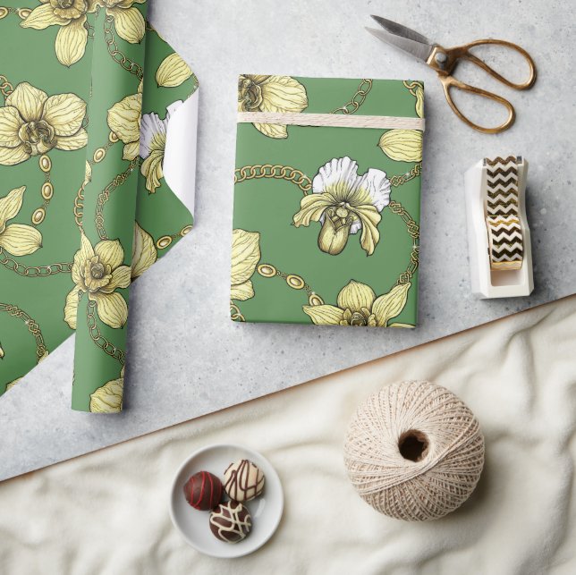 Papier Cadeau Orchidées et chaînes, jaune et vert kelly (Artisanat)
